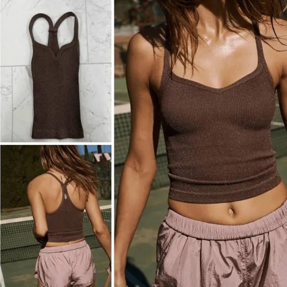 Free People Happiness Runs Lurex Sweetheart Tank - Brown (XS/S)